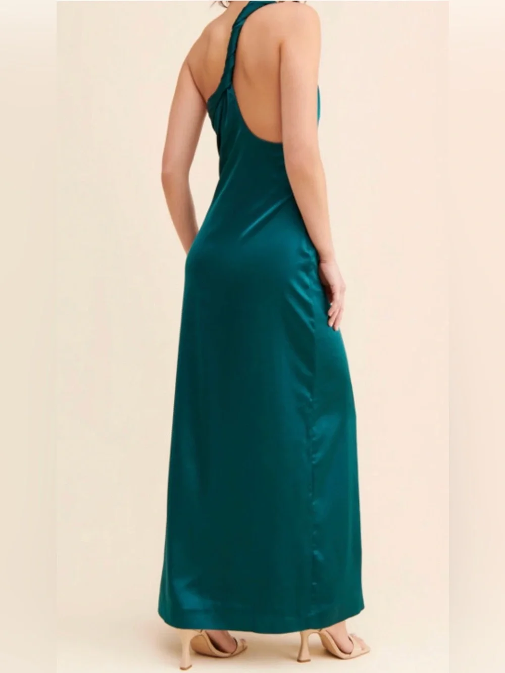 Free People Victoria Green Twist One Shoulder Satin Maxi Dress Gown Size 16